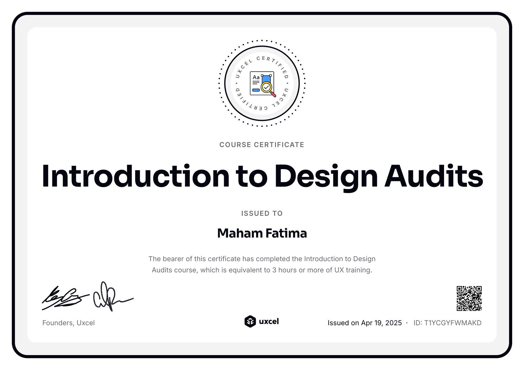 Maham Fatima's certificate